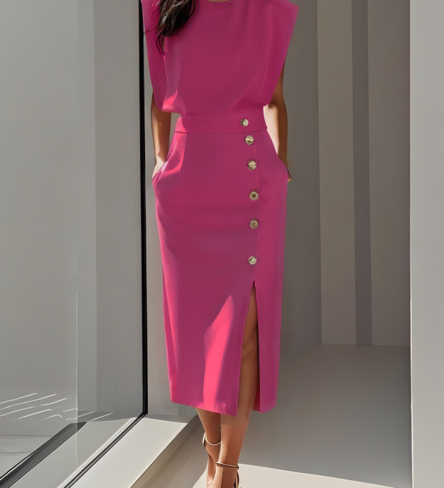 Aina - Vestido midi liso com fenda de botões e decote redondo