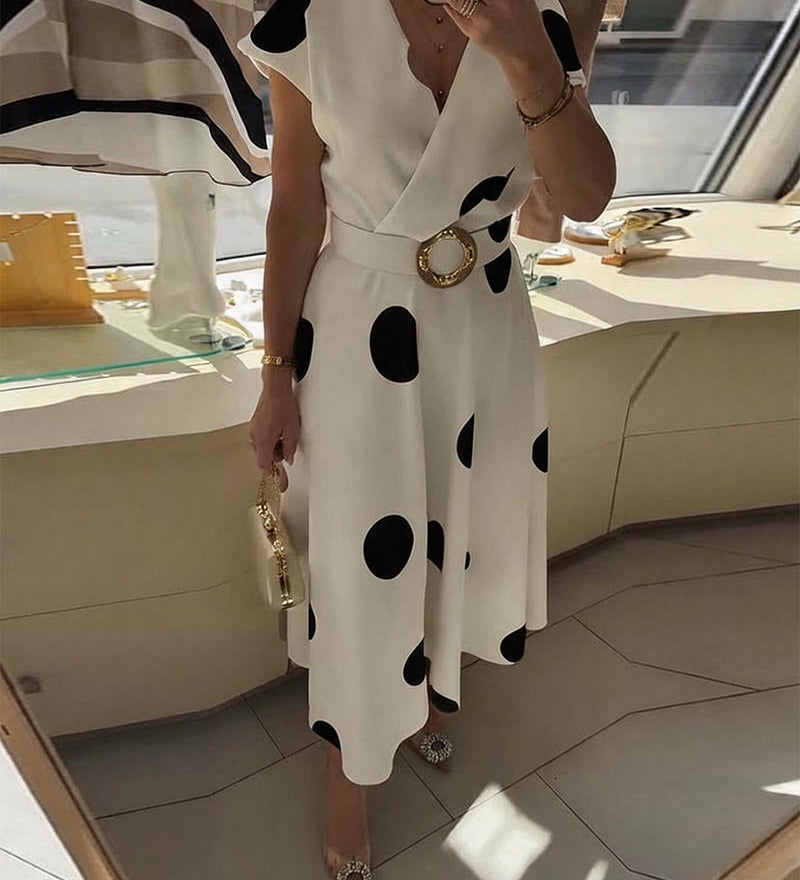 Lorena - Vestido midi para mulher com bolinhas e decote em V