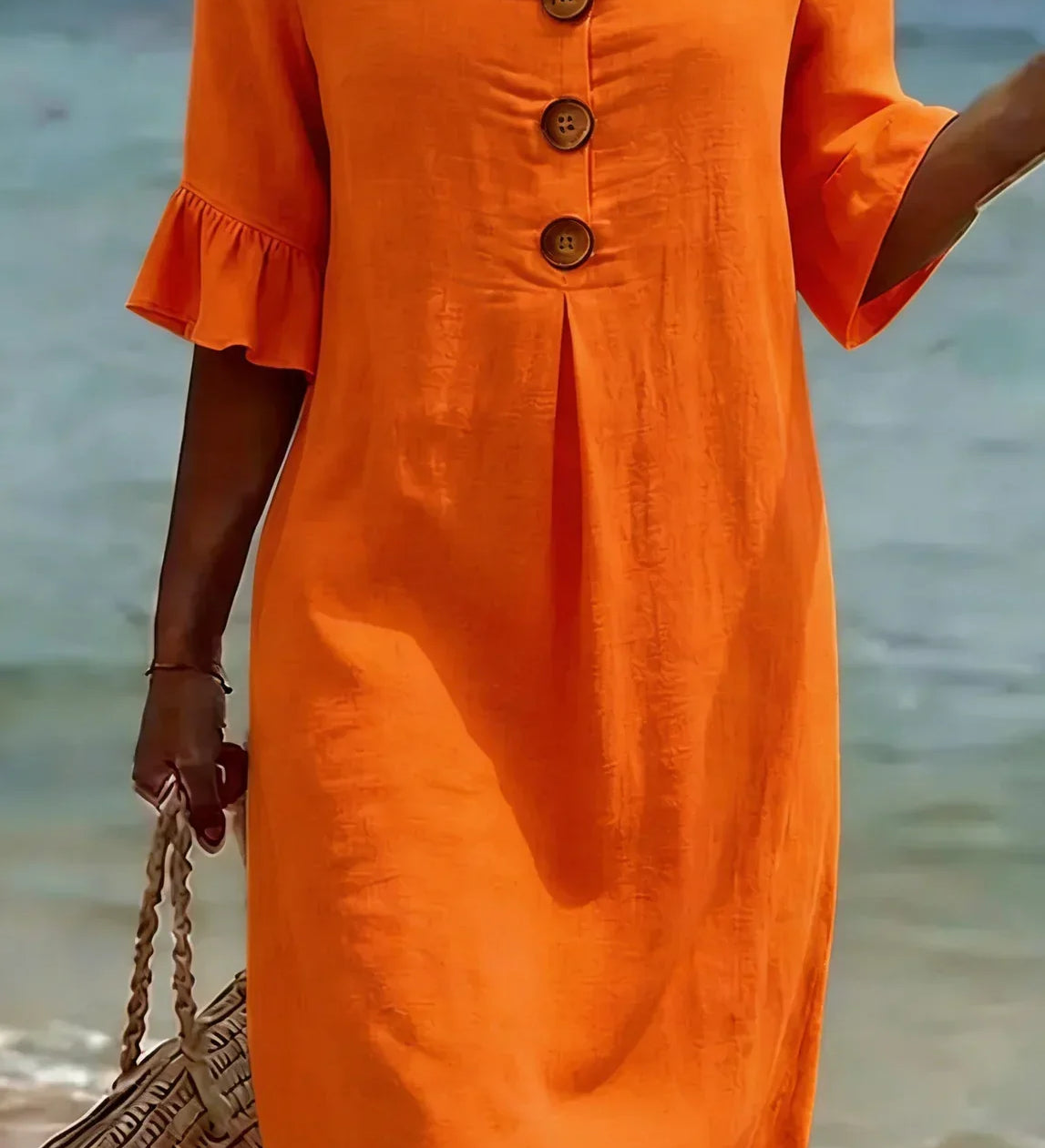 Vanesa | Vestido com textura de linho com manga bufante e botões para Mulher