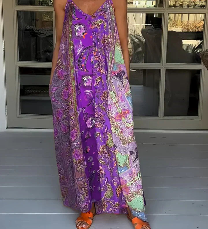 Andrea - Vestido casual com decote em V e estampado de blocos de cores