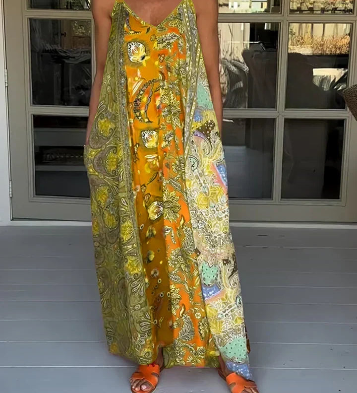 Andrea - Vestido casual com decote em V e estampado de blocos de cores