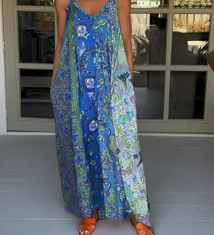 Andrea - Vestido casual com decote em V e estampado de blocos de cores