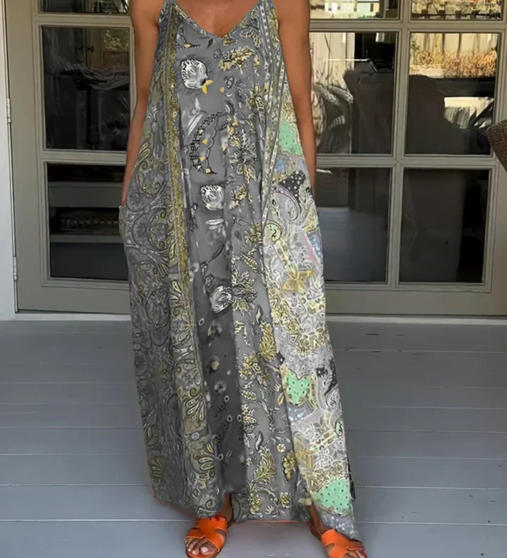 Andrea - Vestido casual com decote em V e estampado de blocos de cores