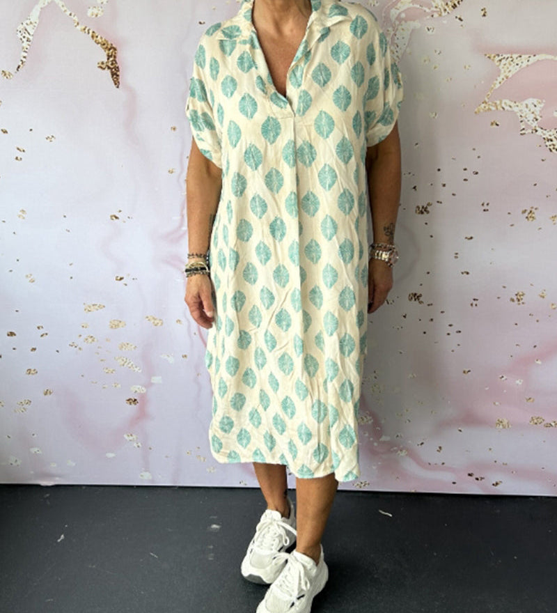 Liora™ | Vestido solto de primavera com gola de lapela e mangas curtas