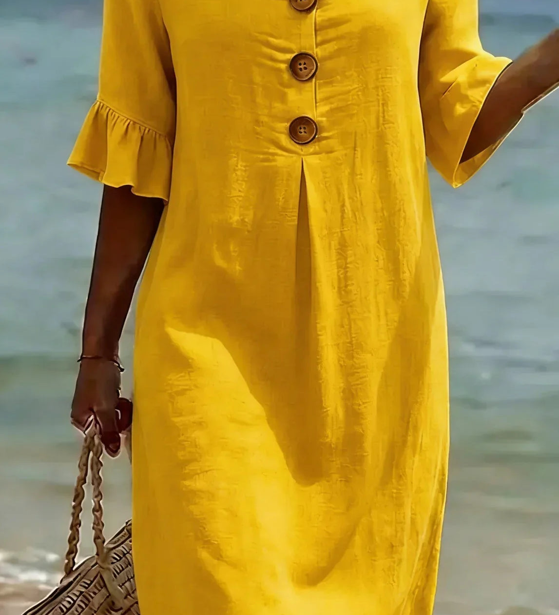 Vanesa | Vestido com textura de linho com manga bufante e botões para Mulher