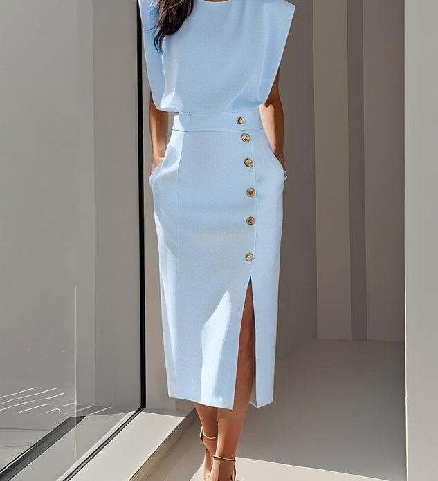Aina - Vestido midi liso com fenda de botões e decote redondo