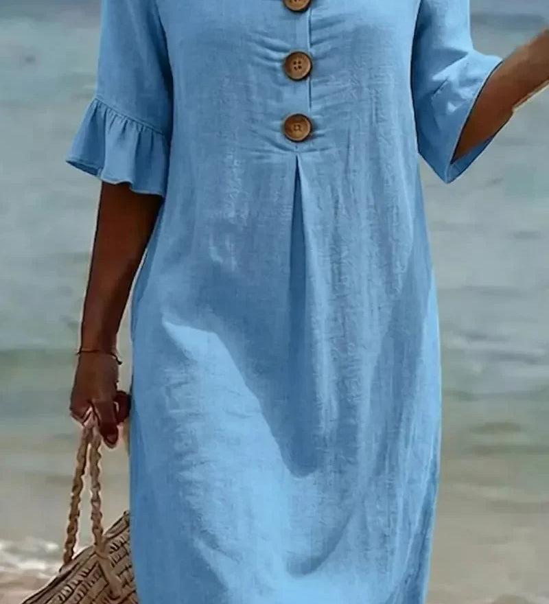 Vanesa | Vestido com textura de linho com manga bufante e botões para Mulher