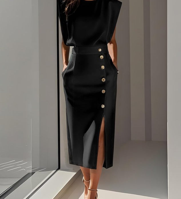 Aina - Vestido midi liso com fenda de botões e decote redondo