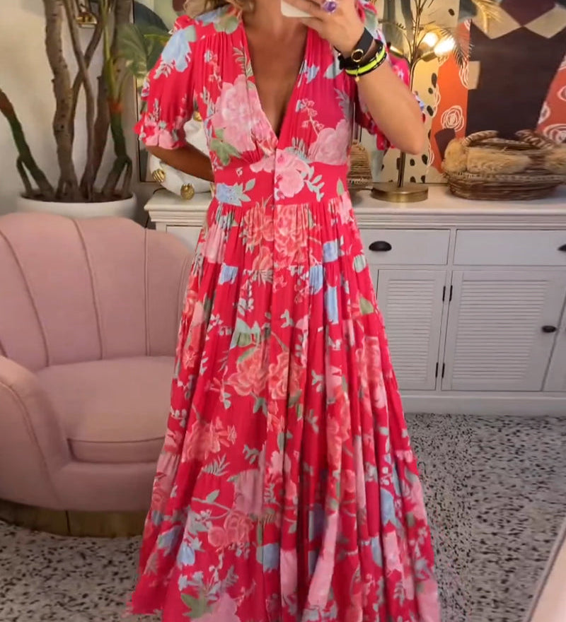 Catrisa™ - Vestido com decote em V e estampa floral e bolsos