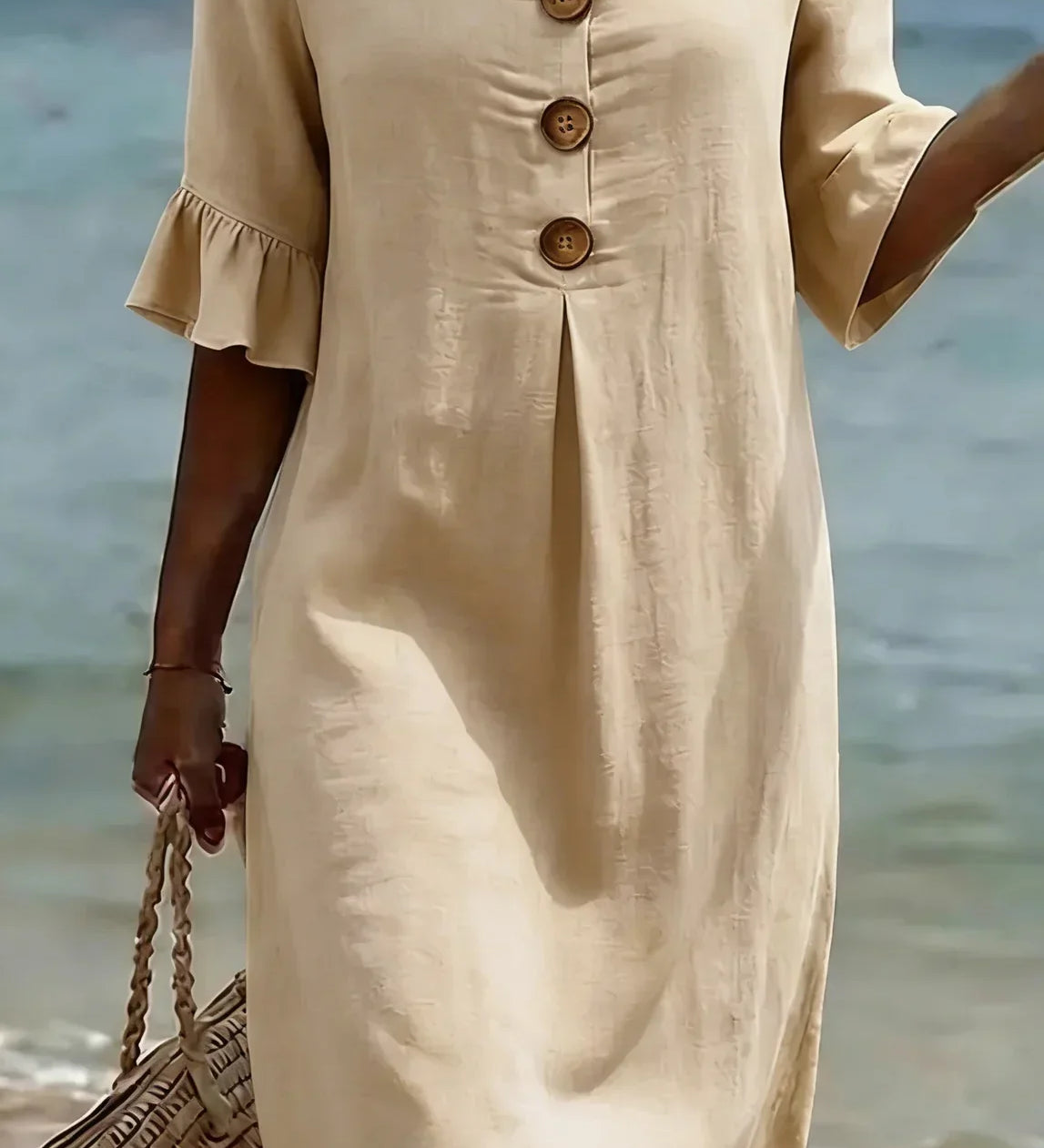 Vanesa | Vestido com textura de linho com manga bufante e botões para Mulher