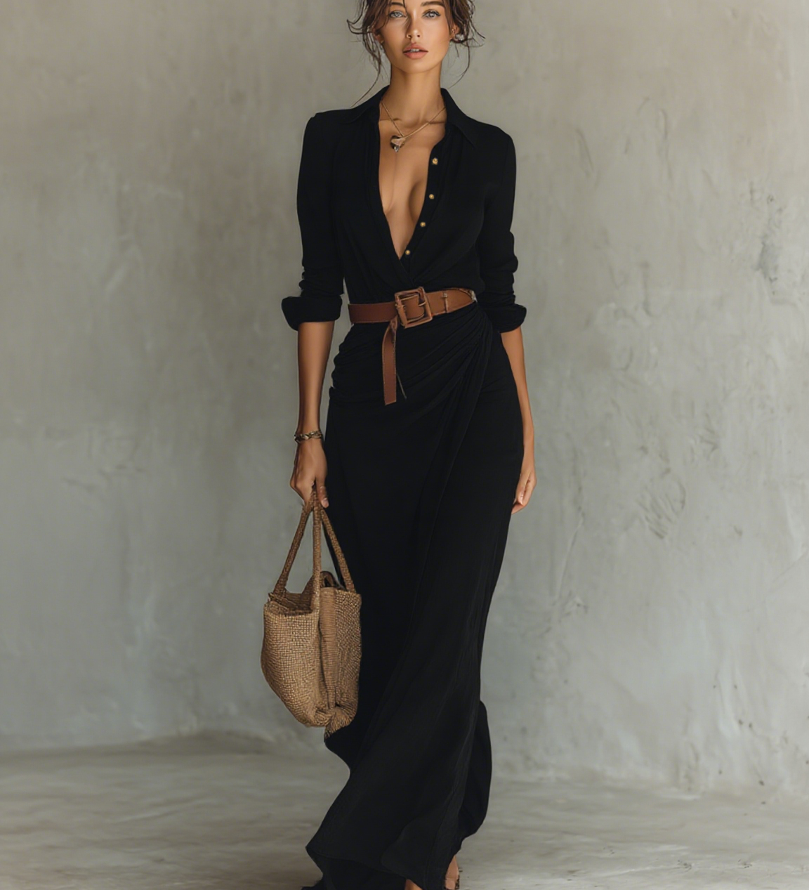 Vestido longo longo com gola de lapela e cinto inclusos