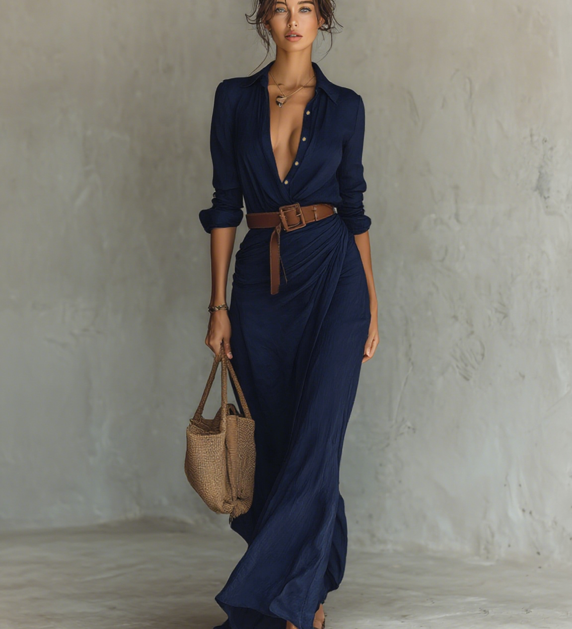Vestido longo longo com gola de lapela e cinto inclusos