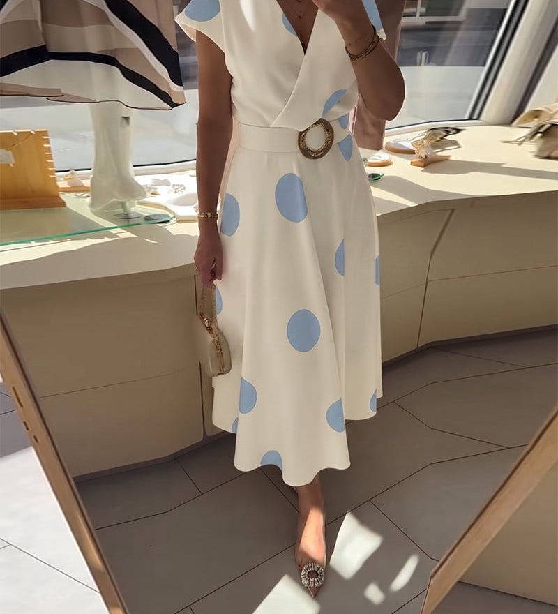 Lorena - Vestido midi para mulher com bolinhas e decote em V