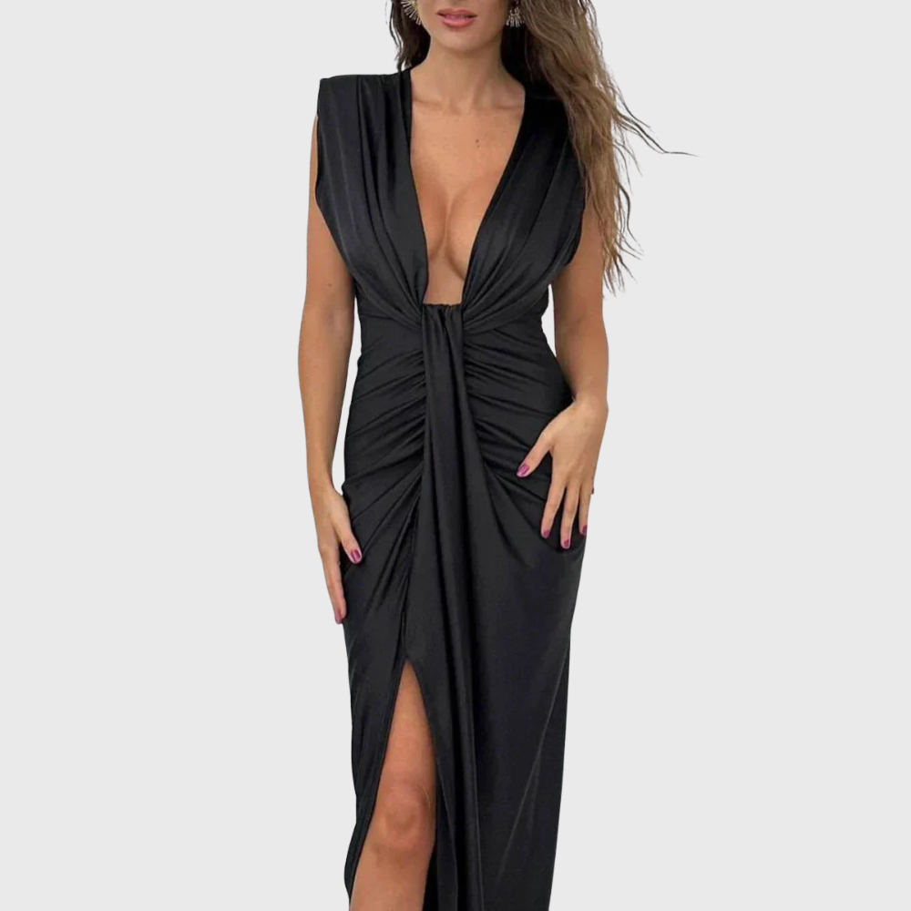 Vestido midi clássico com fenda drapeada e franzida