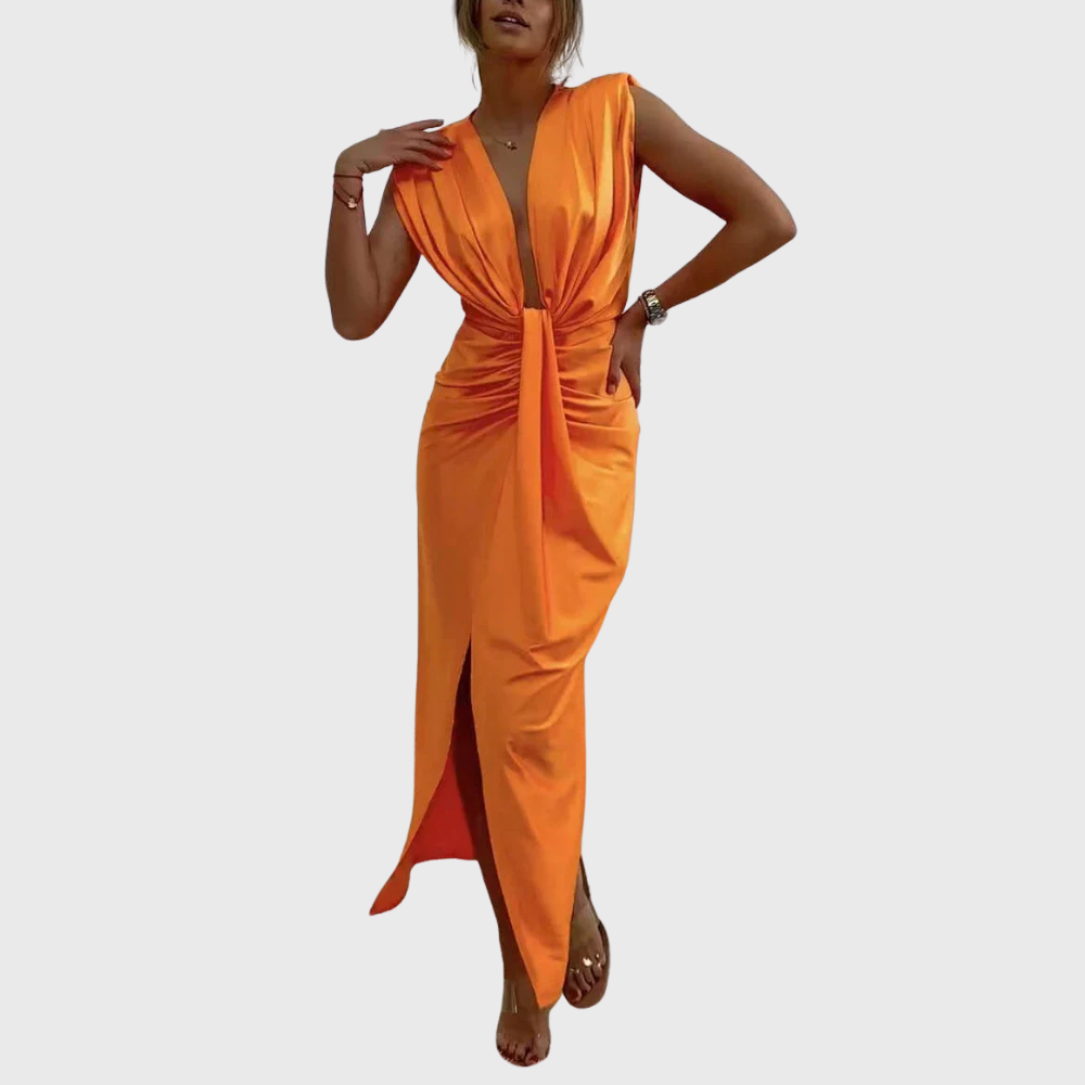 Vestido midi clássico com fenda drapeada e franzida