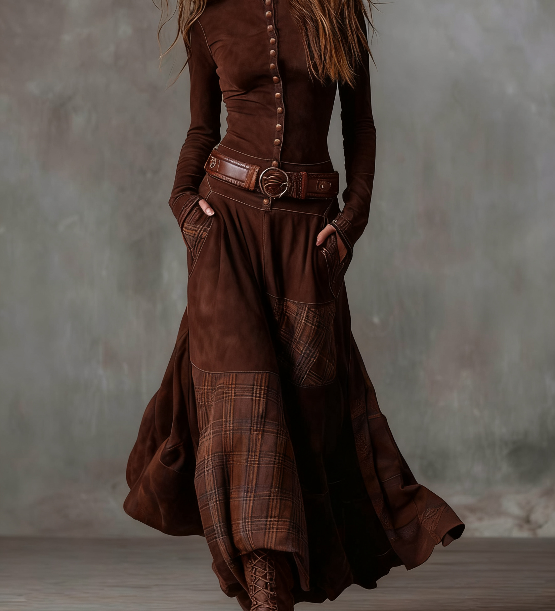Azucena - Vestido maxi de camurça com cinto