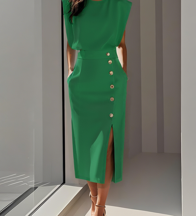 Aina - Vestido midi liso com fenda de botões e decote redondo