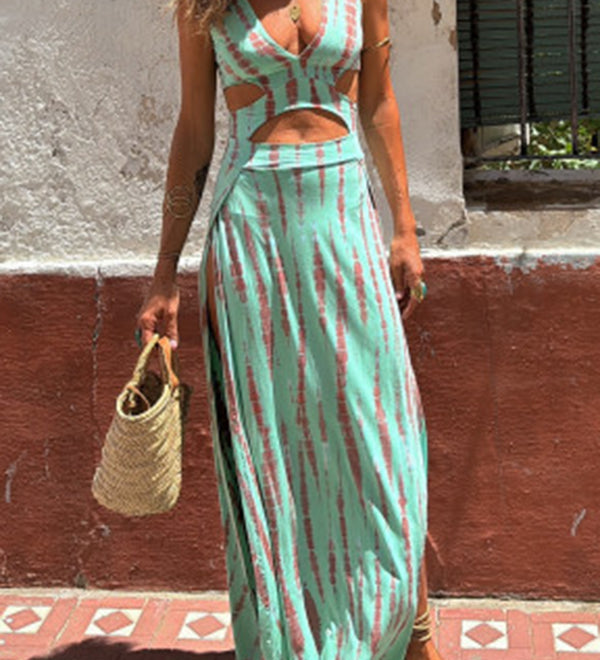 Angelica | Vestido elástico com fenda e decote estampado