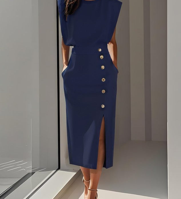 Aina - Vestido midi liso com fenda de botões e decote redondo