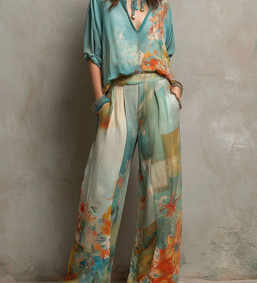 Chiara | Conjunto elegante com estampa floral e calças largas para Mulher